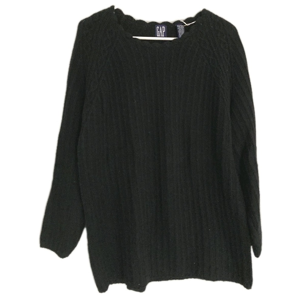 Vtg Gap Sweater Women M Black Lambswool Angora Ribbed Cable Knit Raglan Pullover
